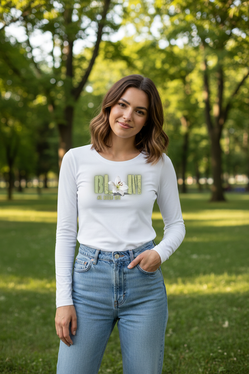 Blom Lelie Longsleeve T-Hempde vir Dames (b)